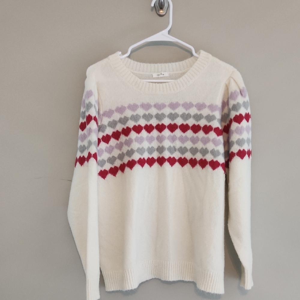 Maurices Cream Crewneck Sweater with Red & Lavender Heart Pattern